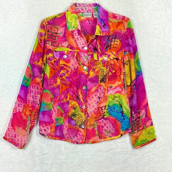 Chico's Tops - Chicos Silk Shirt Womens 0 (S) Pink Sheer Multicolor Abstract Maximalist Art AOP